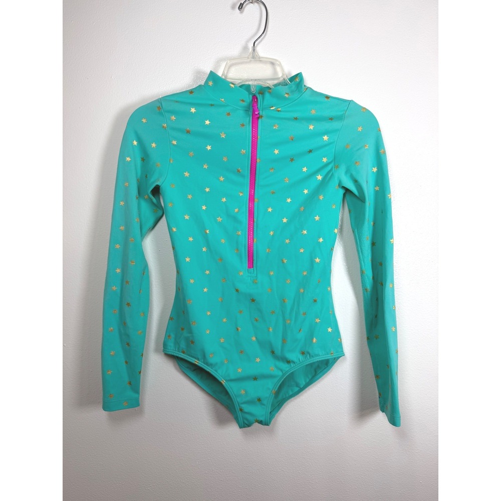 Boden Swimsuit Kids 11-12Y Teal Gold Star Long Sleeve Half Zip
